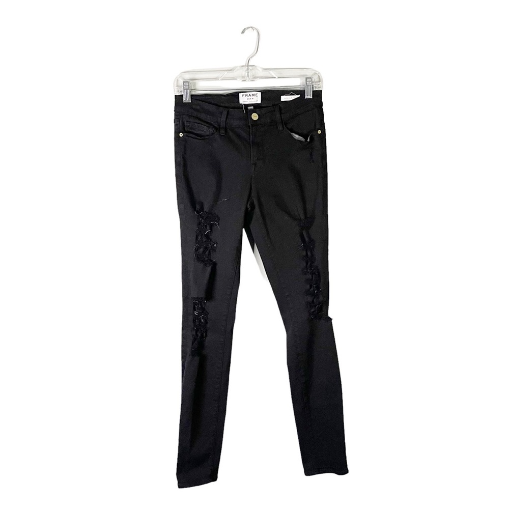 Frame Denim Le Skinny de Jeanne Black Distressed Designer Skinny Jeans Size 27